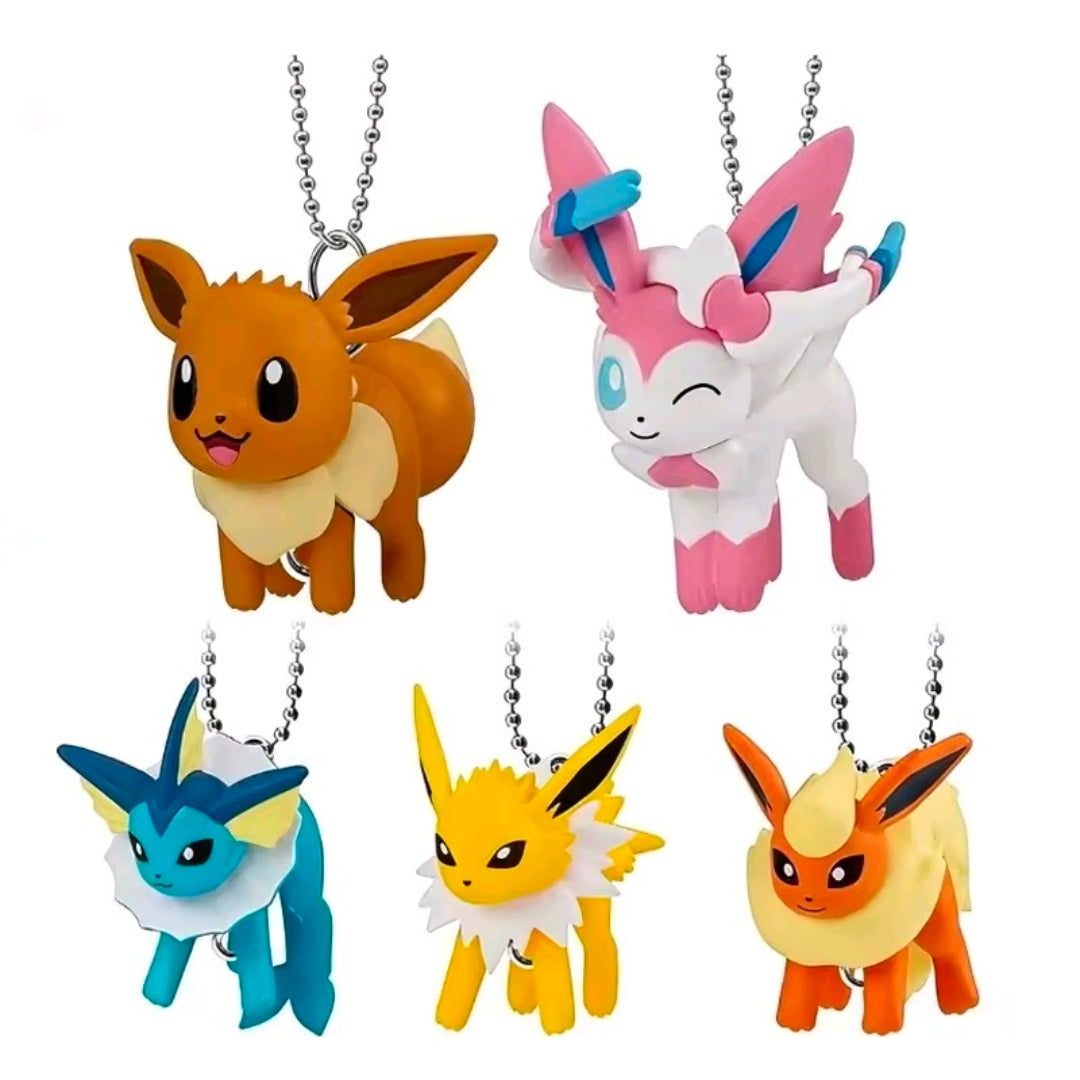 Set of five Pokémon Eevee evolution character keychains with silver ball chains