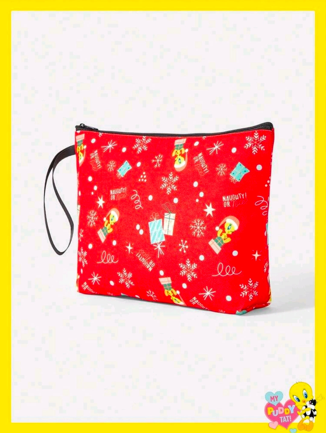 Red holiday makeup pouch with black wrist strap, zipper top, and cute Christmas character print