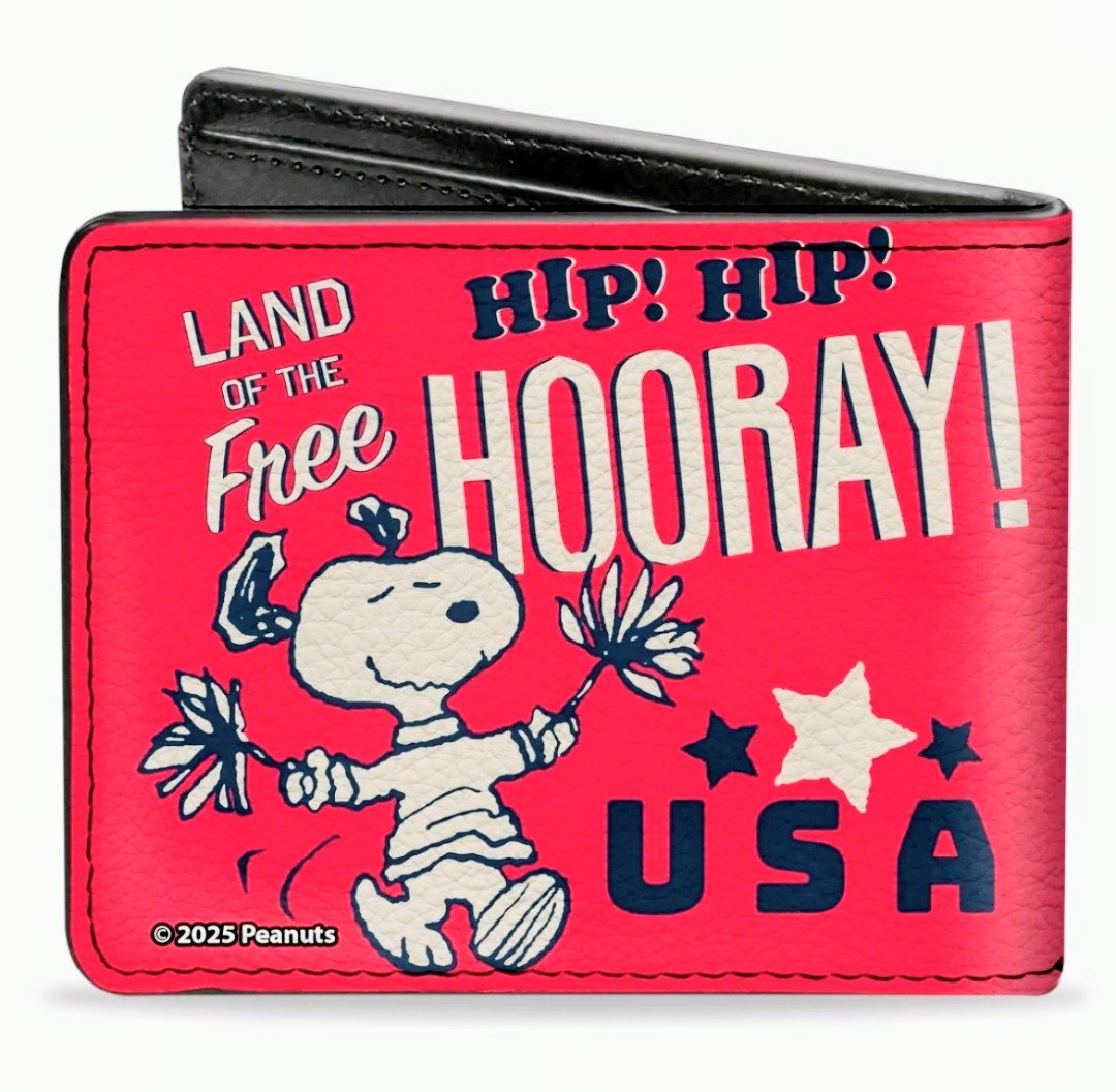 Red bi-fold wallet with black border and Snoopy Hooray! USA artwork.