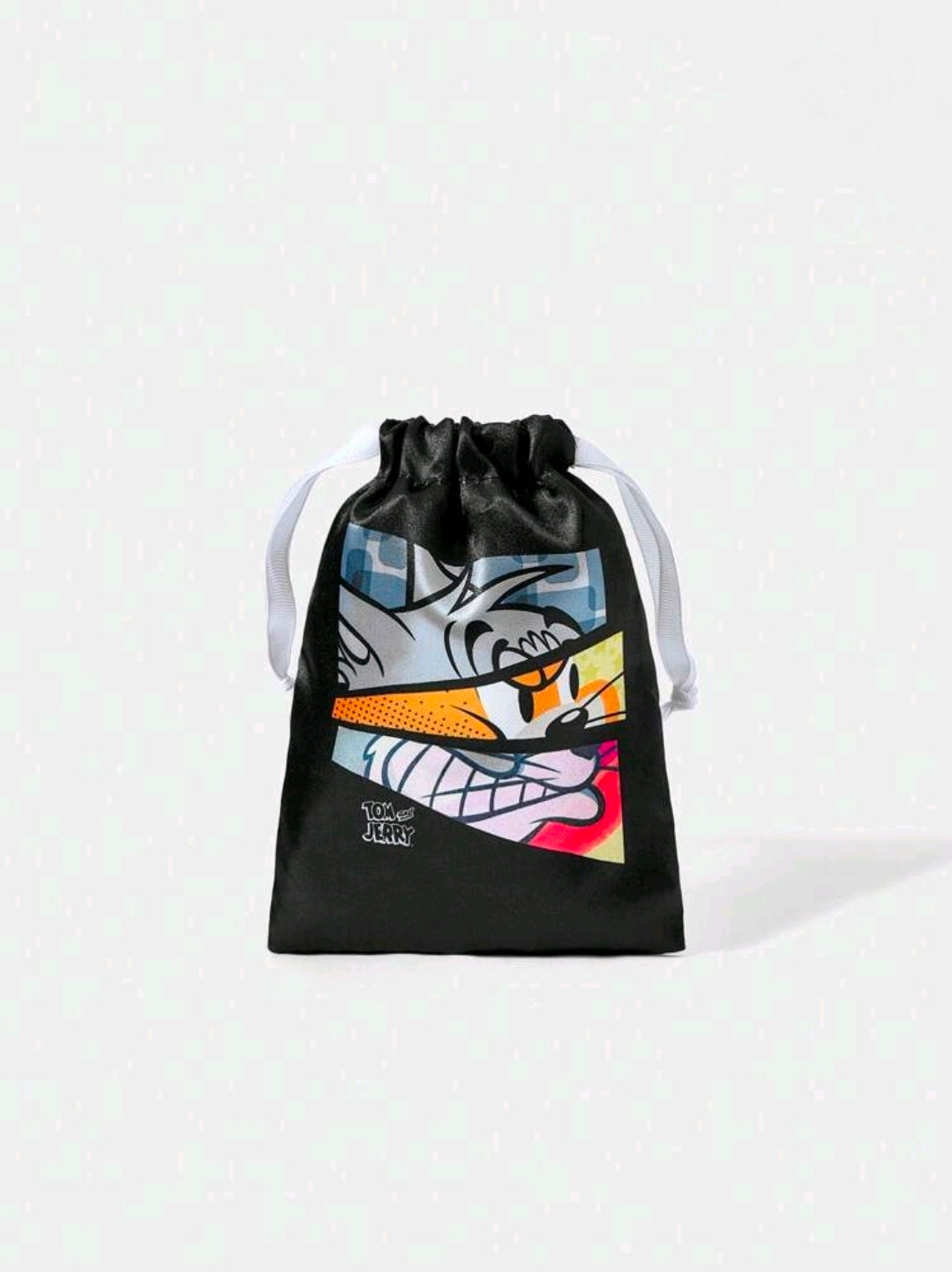 Satin drawstring pouch with Tom & Jerry print, black satin bag with gray drawstrings