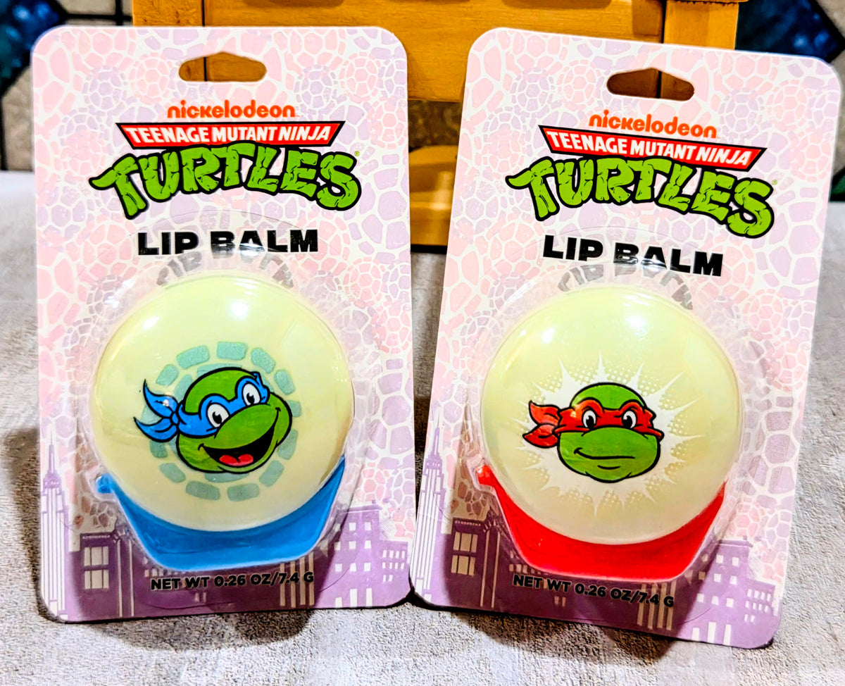 Teenage Mutant Ninja Turtles lip balm pair in blister packs, turtle face graphics