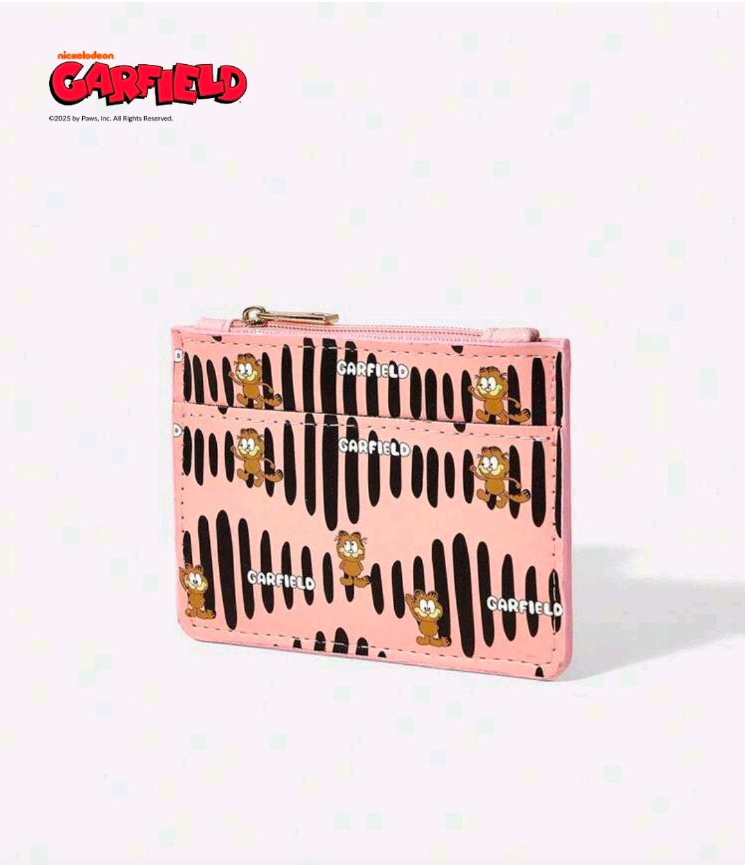 Pink zip coin purse wallet with Garfield black stripe pattern, metal zipper tab.