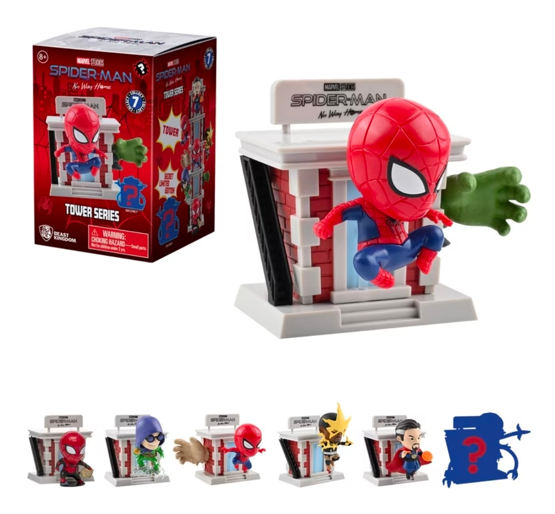 Spider-Man tower blind box figure in red suit posing next to retail box