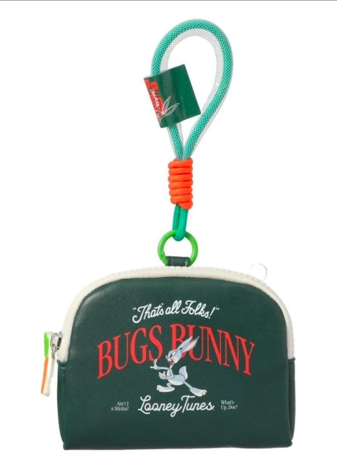 Green coin purse keychain pouch with turquoise loop and orange beaded cord, zip top