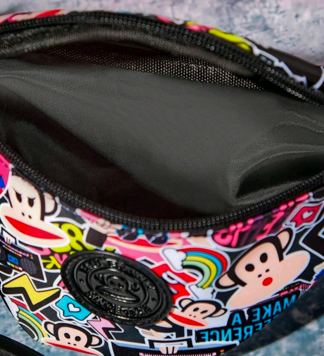 Printed belt bag with black zipper and inner fabric lining