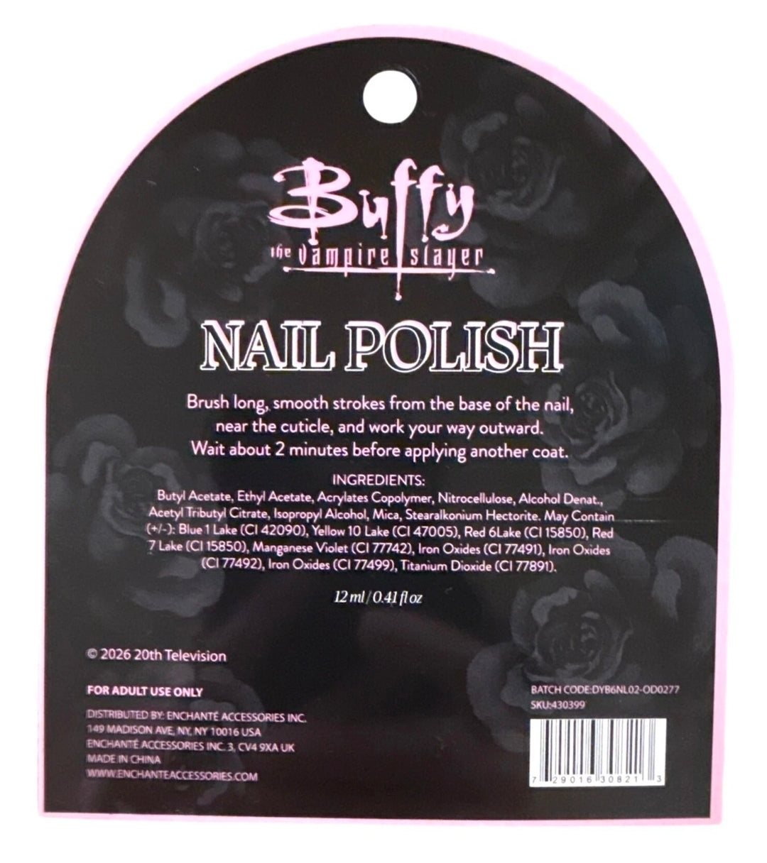 Buffy nail polish packaging back panel with ingredients text and dark rose pattern