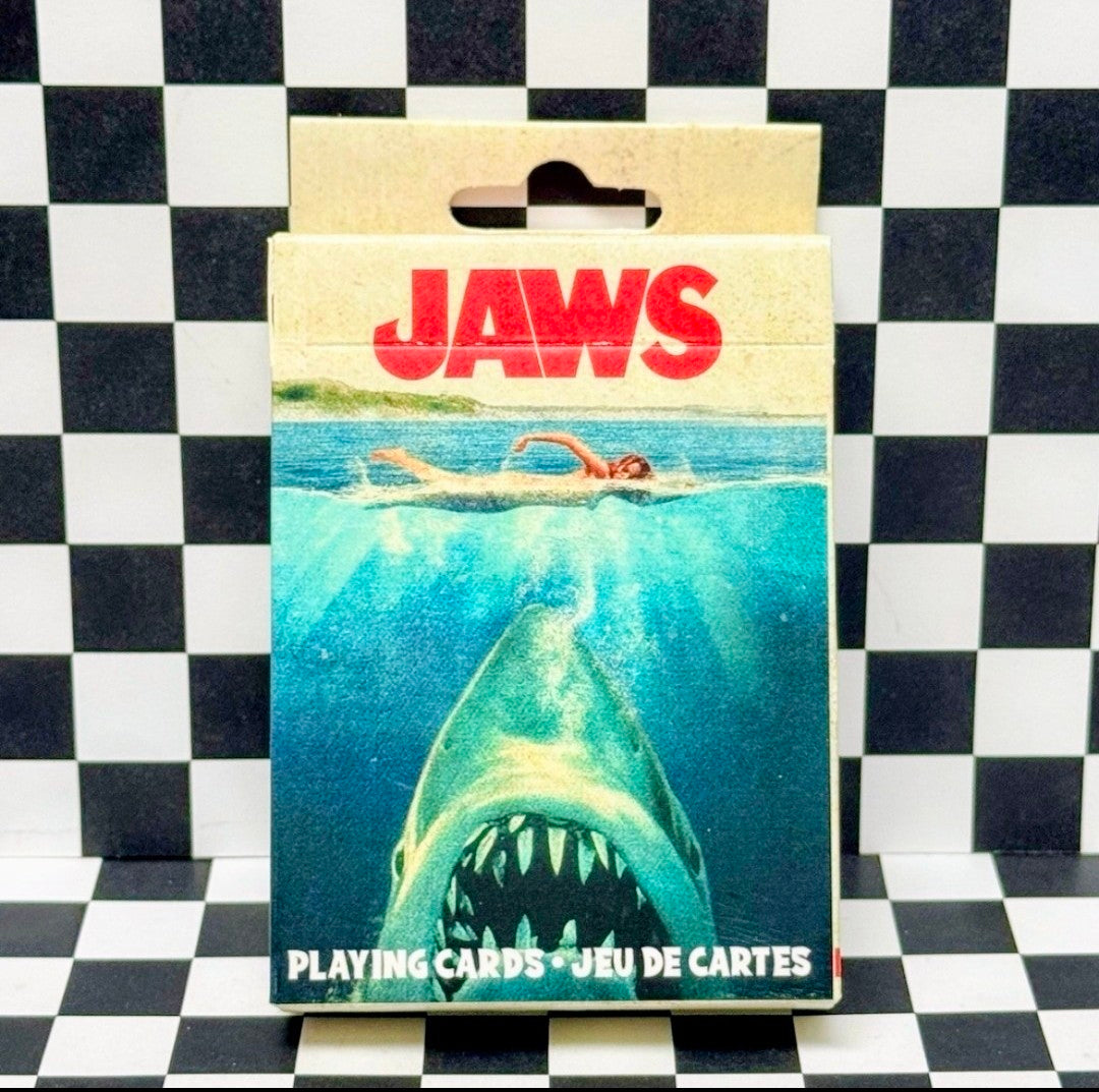 Aquarius Jaws playing cards deck box with shark-underwater artwork and swimmer graphic
