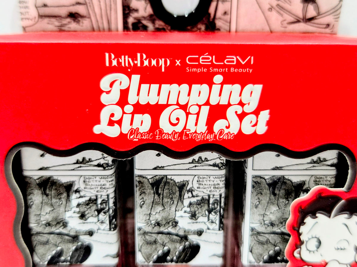 Betty Boop x Celavi Plumping Lip Oil Trio Classic Cocoa Blushing Nude Peony