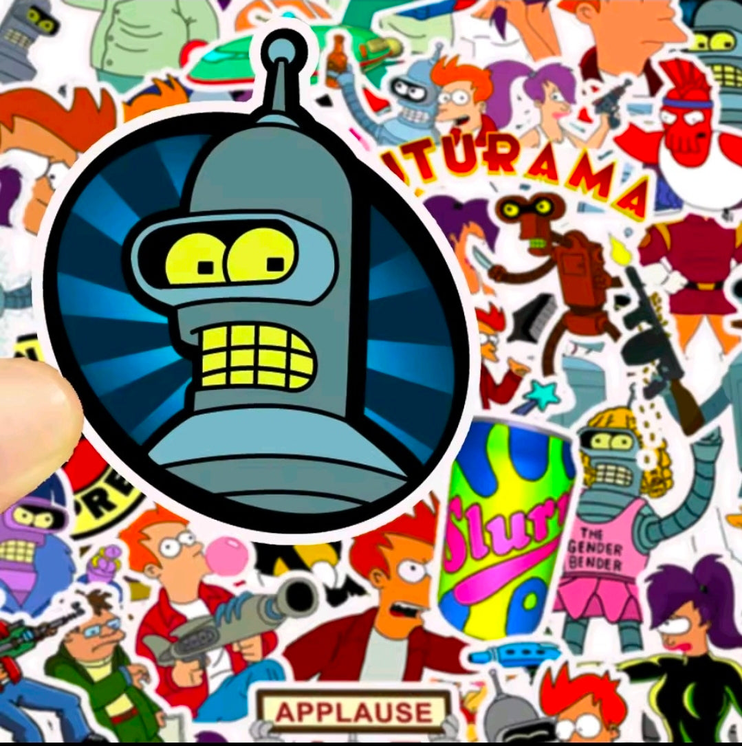 Circular Futurama vinyl sticker featuring a robot character with yellow eyes