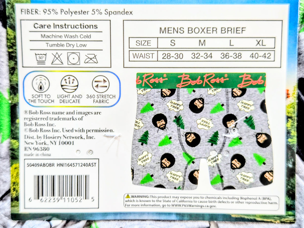 Men's boxer brief packaging back with fiber blend and size S-XL chart
