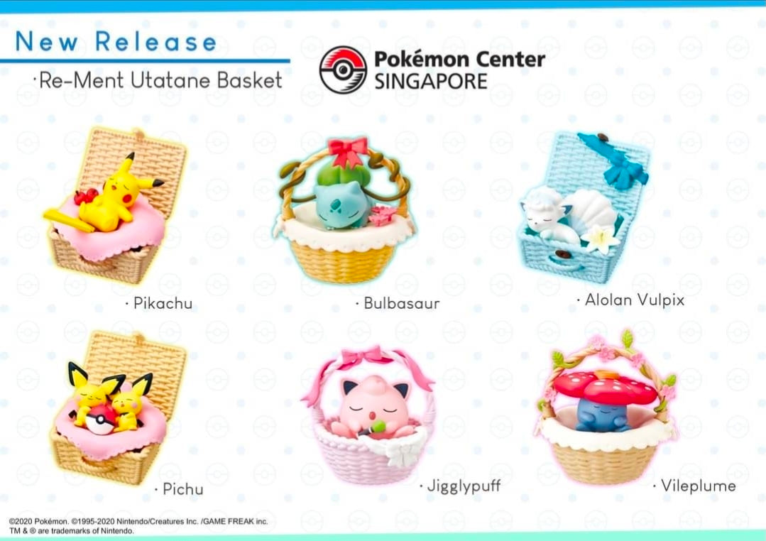 Set of six Pokemon Utatane nap basket figures shown on retail display card.