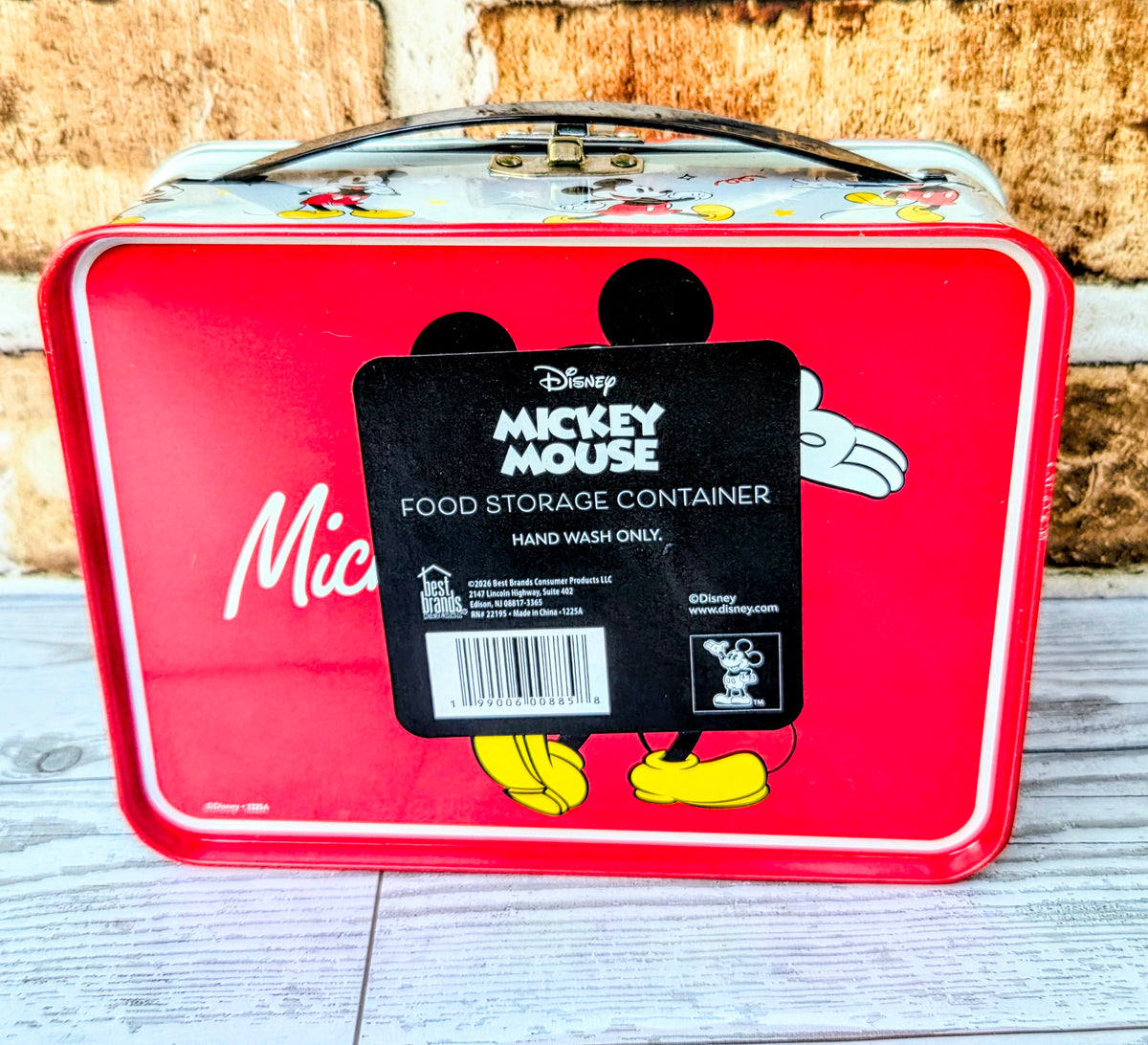 Red food storage container tin with Mickey Mouse label, rectangular shape