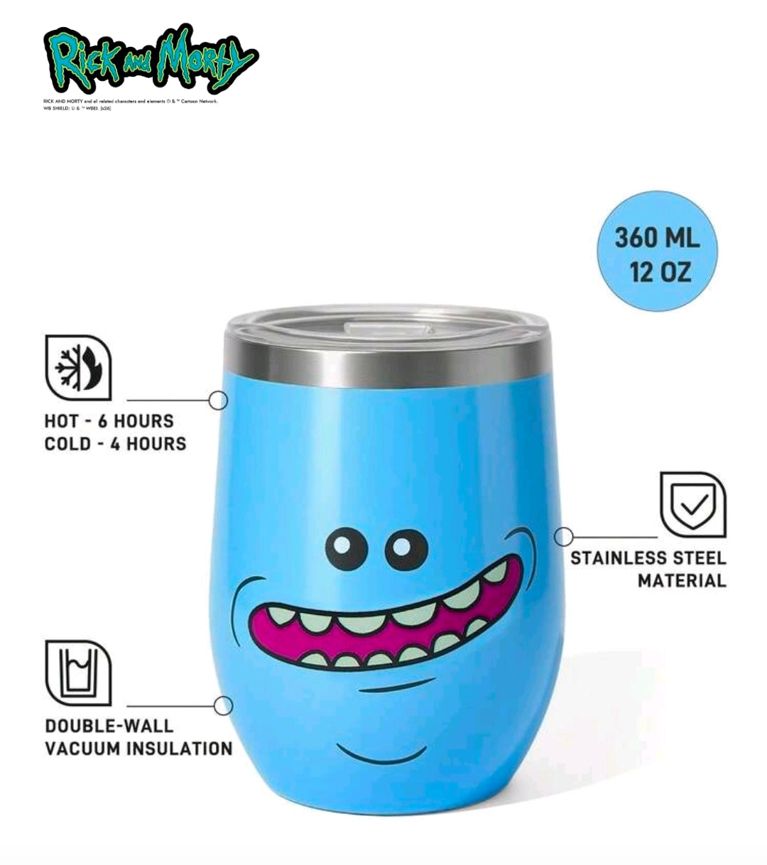 Blue double-wall vacuum insulated tumbler with silver base and cartoon face graphic