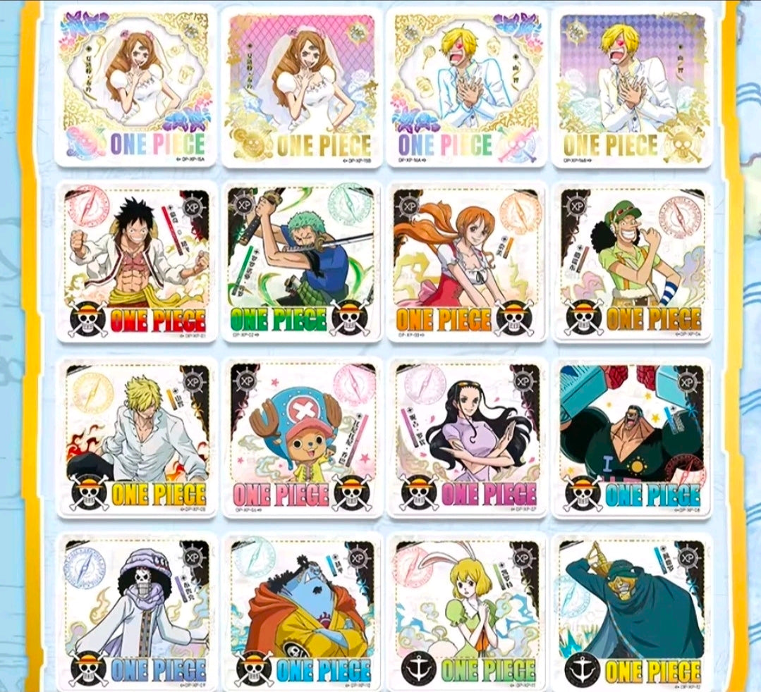 Sheet of One Piece trading cards featuring assorted characters in colorful frames