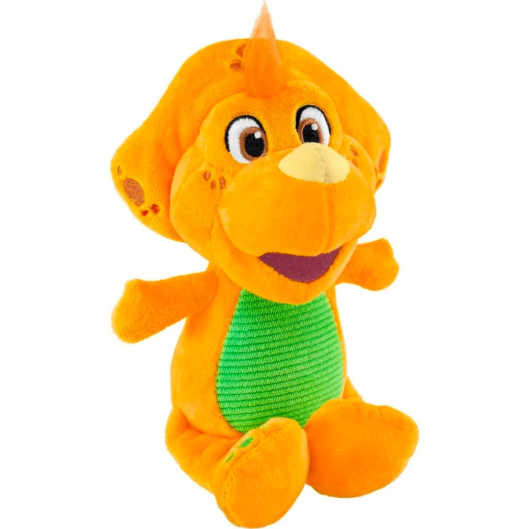 Orange plush dinosaur doll with green striped shirt, friendly smile, full body
