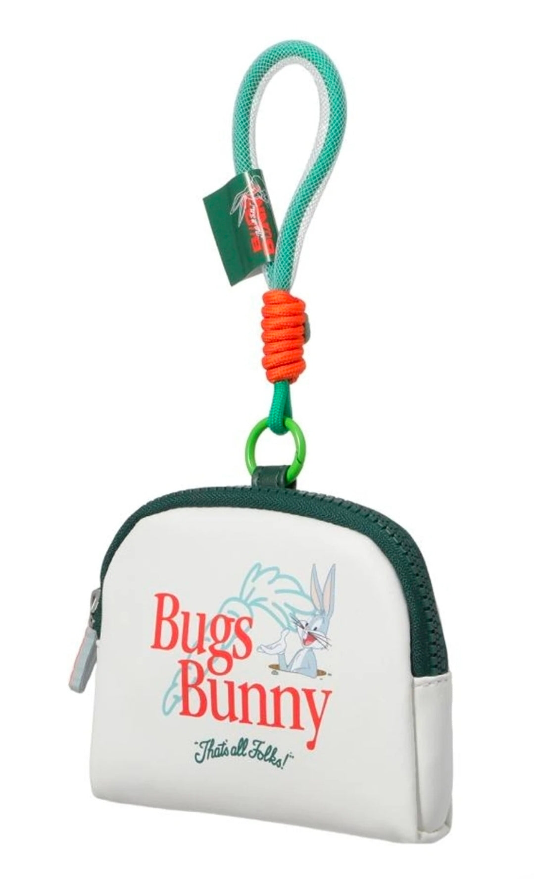 White Bugs Bunny coin purse keychain pouch with green edging, zipper pull and orange cord