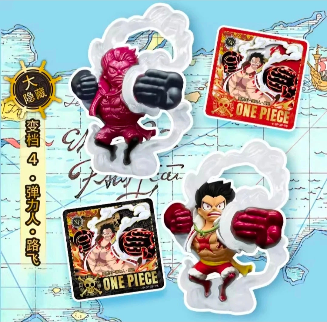 Mini figure character with pink boxing gloves on a map-style card, plus “ONE PIECE” card.