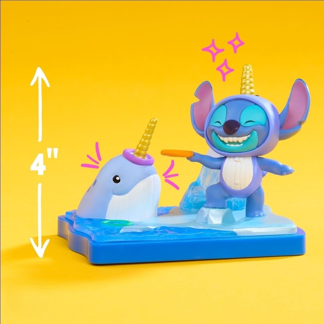 Stitch blind box figure on blue base with white unicorn and small star-shaped details