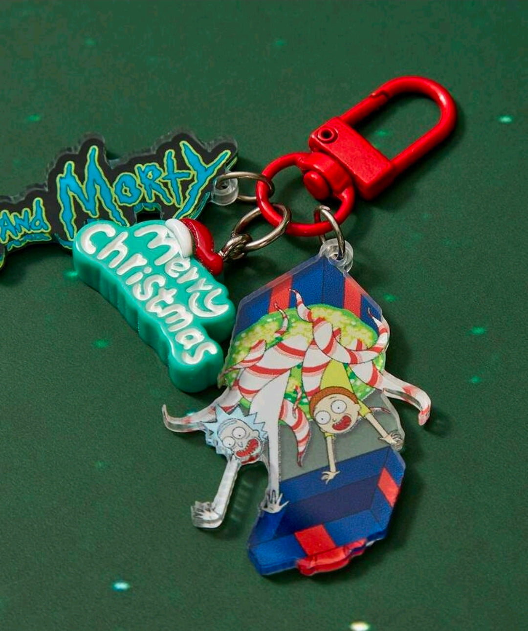 Red carabiner keyring with Santa elf charm and white candy cane detail