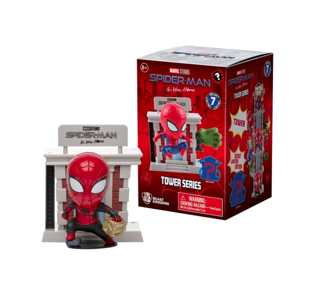 Spider-Man tower blind box figure inside retail box with red mask Spiderman