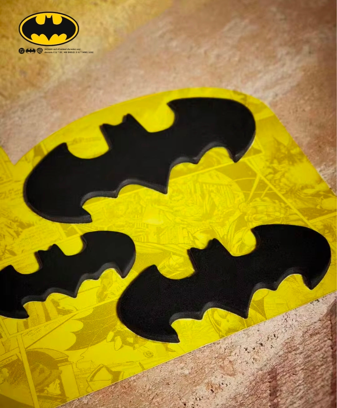 Large Batman logo-style sticky notes sheets, yellow and black with bat shapes