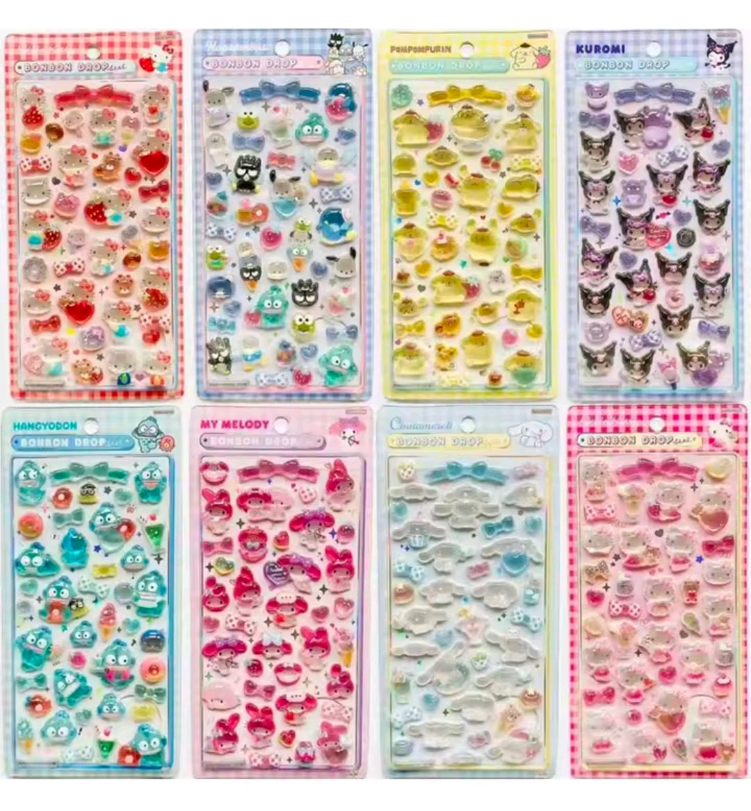 Set of 3D acrylic sticker banner packs with kawaii characters, assorted colors and shapes