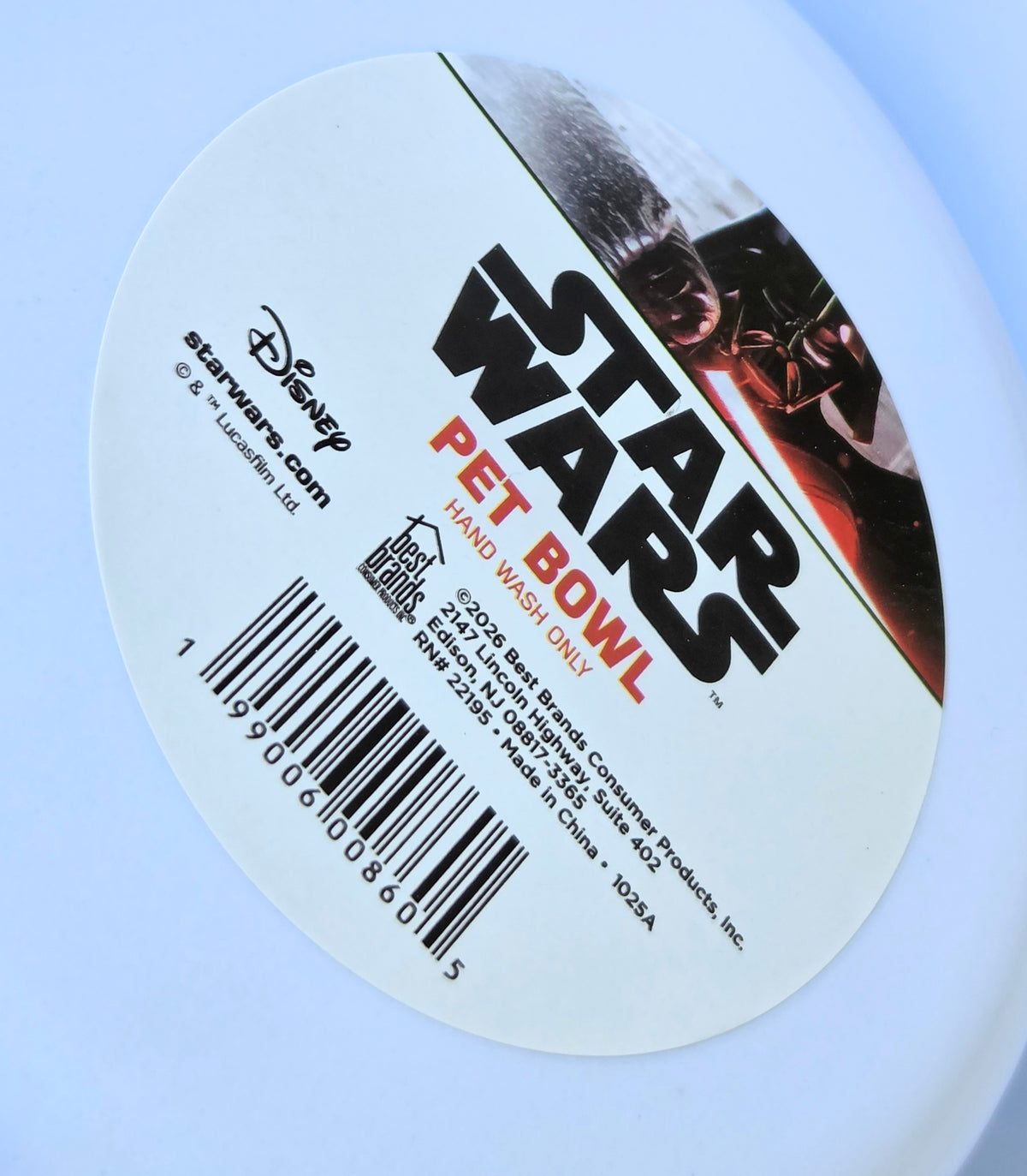 Star Wars pet bowl lid label with barcode and Disney branding