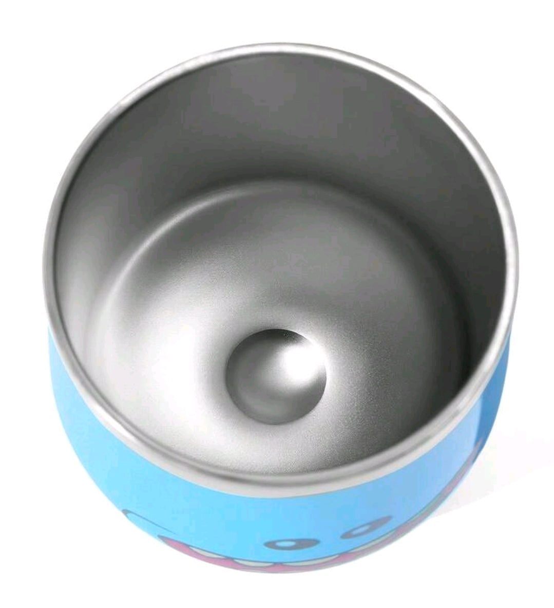 Inside view of blue insulated tumbler with stainless-steel interior and rim