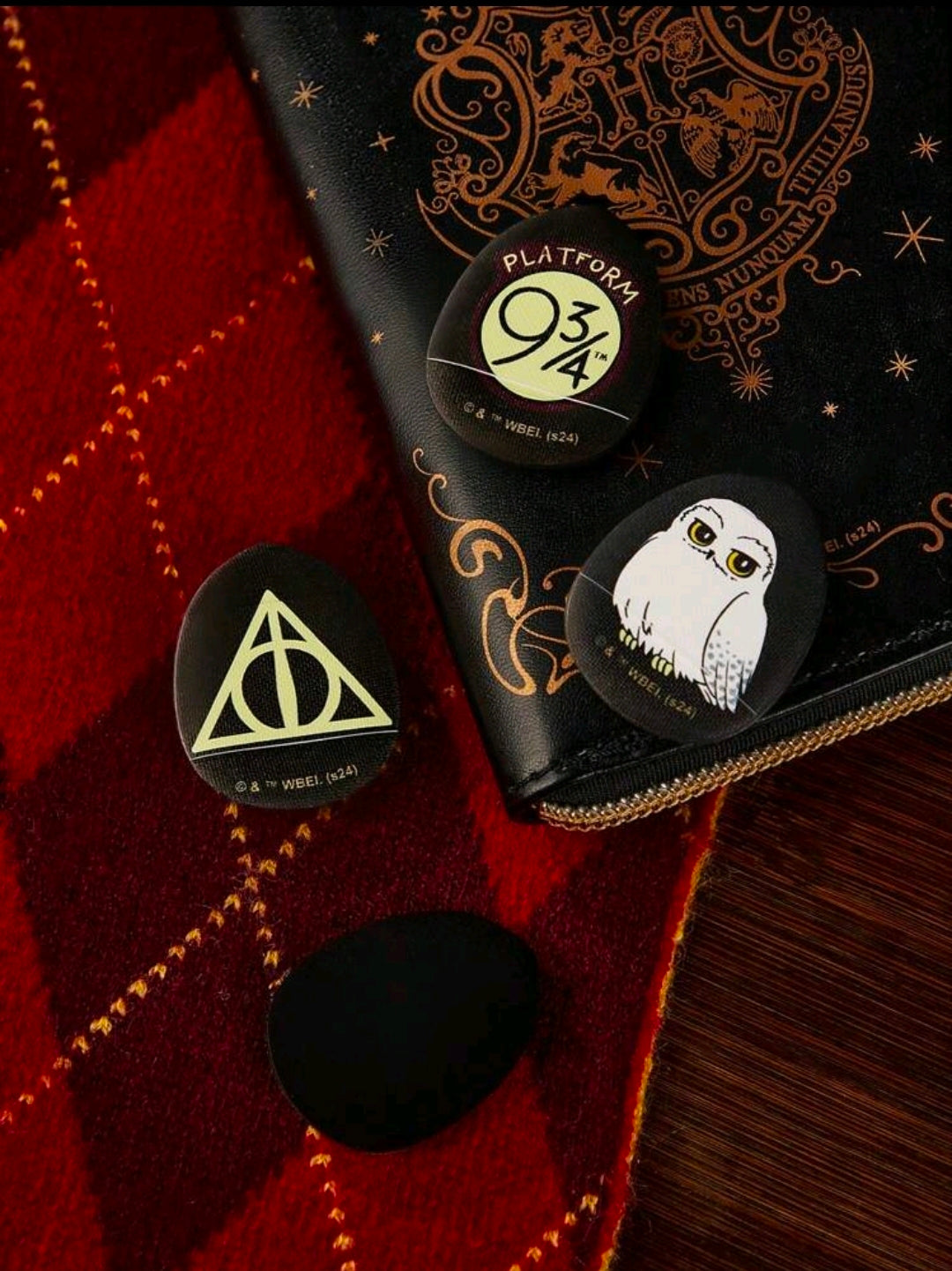 Black zippered brush case corner with round house-style pins and owl patch
