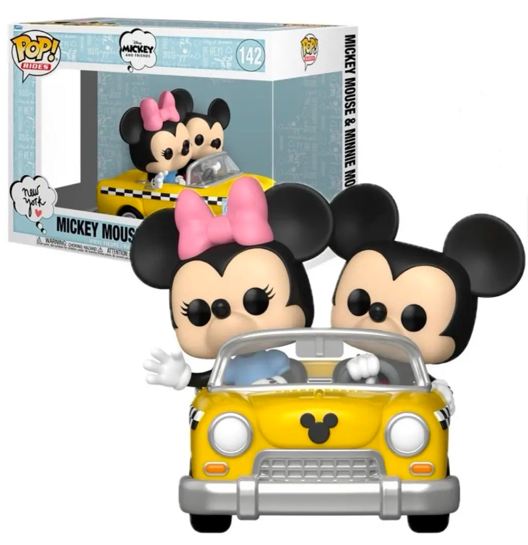 Funko Pop Rides Mickey and Minnie riding yellow taxi, boxed front view