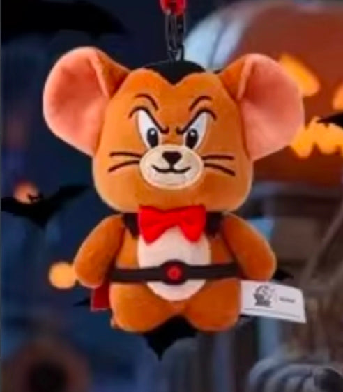 Jerry vampire plush keychain in orange fur with red bow tie and black collar