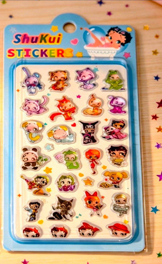 Colorful cartoon sticker sheet in blue card, with many animal character decals