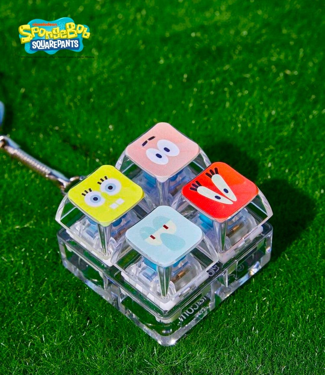 Clear 2x2 SpongeBob fidget keychain charm cube with four colored character tiles