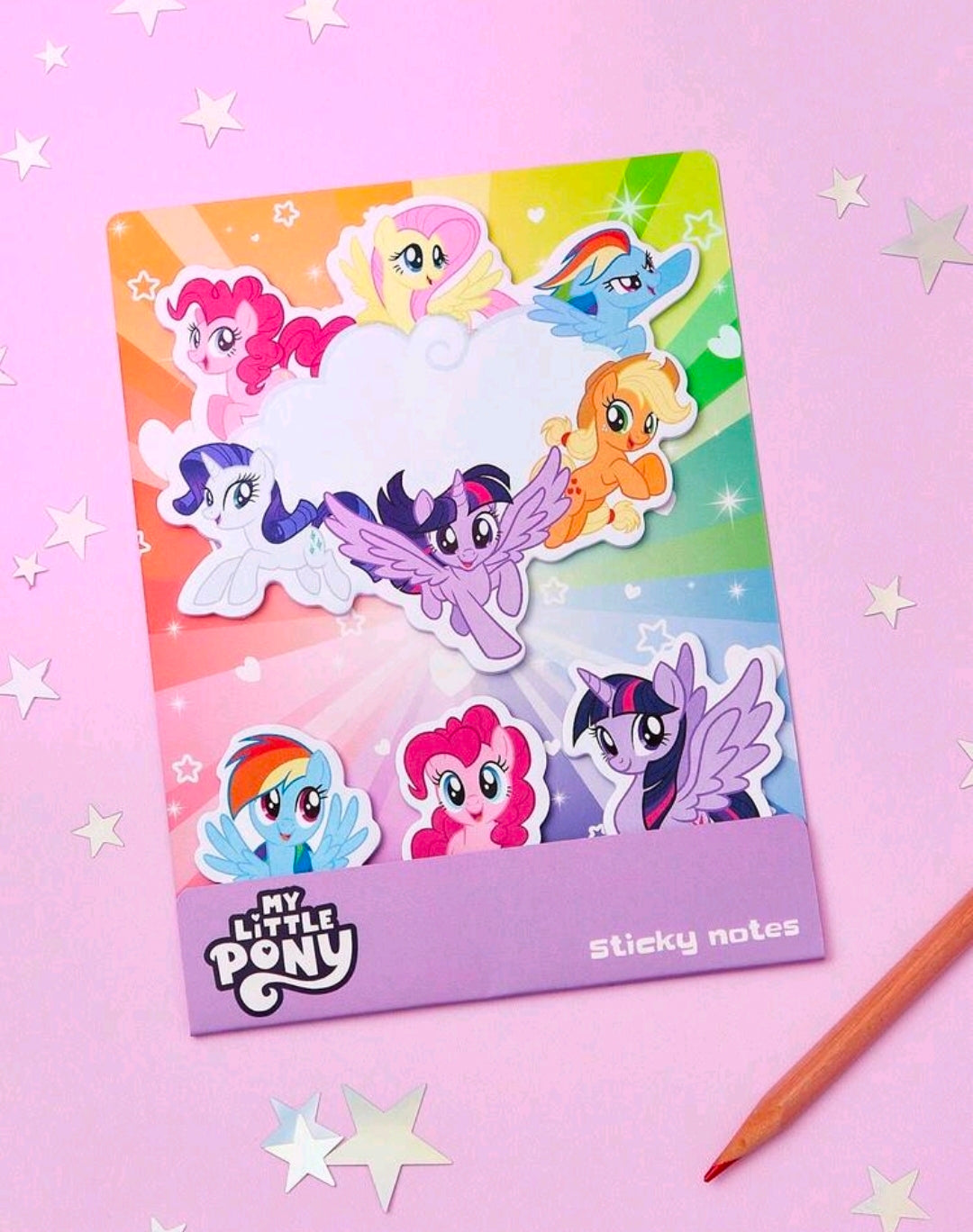 My Little Pony sticky notes pad with pony character artwork and “sticky notes” text