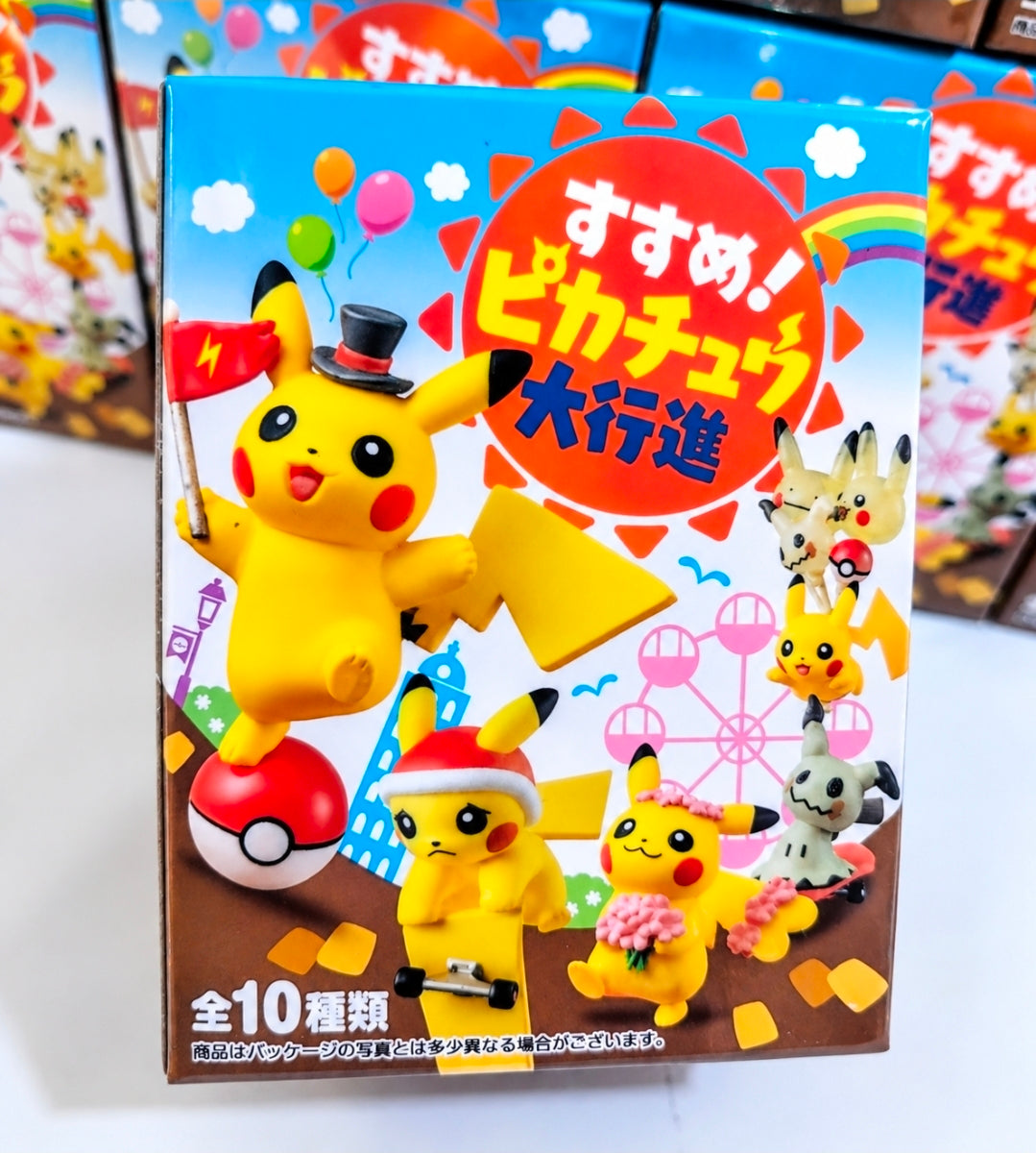 Pokemon Pikachu mini figure collection box front with Pikachu characters and icons