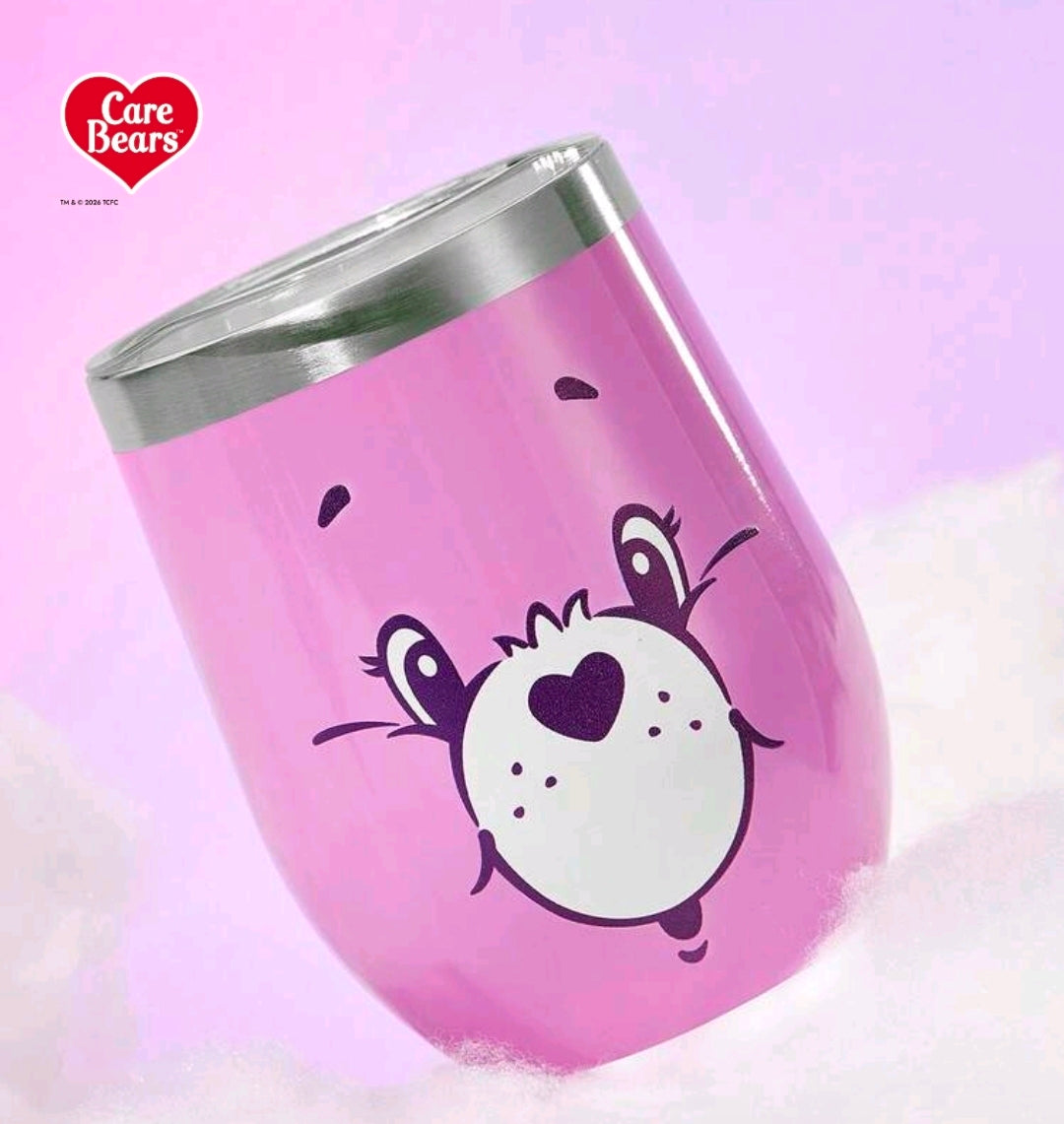 Pink stainless steel insulated tumbler with Cheer Bear face graphic and silver lid