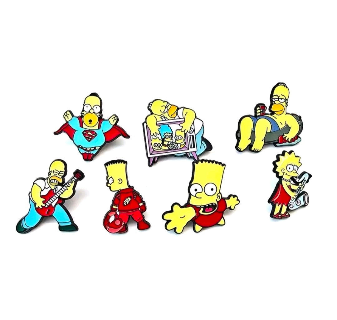 Simpsons enamel pin set with seven cartoon character enamel pins, front view