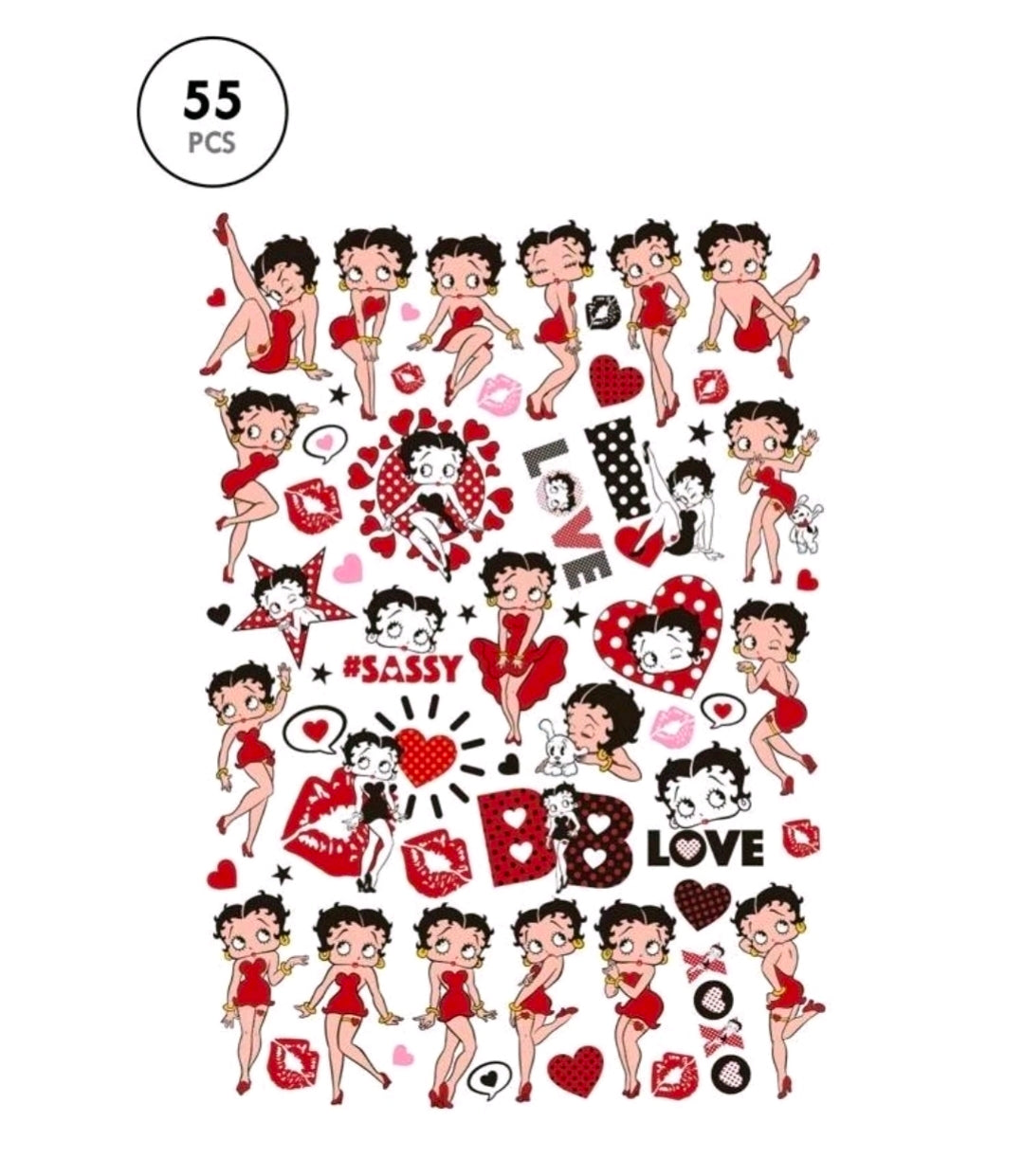 Betty Boop sticker sheet with 55 pieces of red outfit and heart character decals