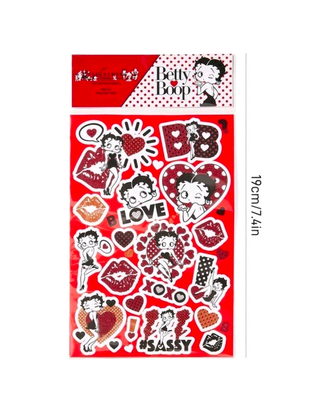 Betty Boop-style sticker sheet with red hearts, kisses, lips, and character faces