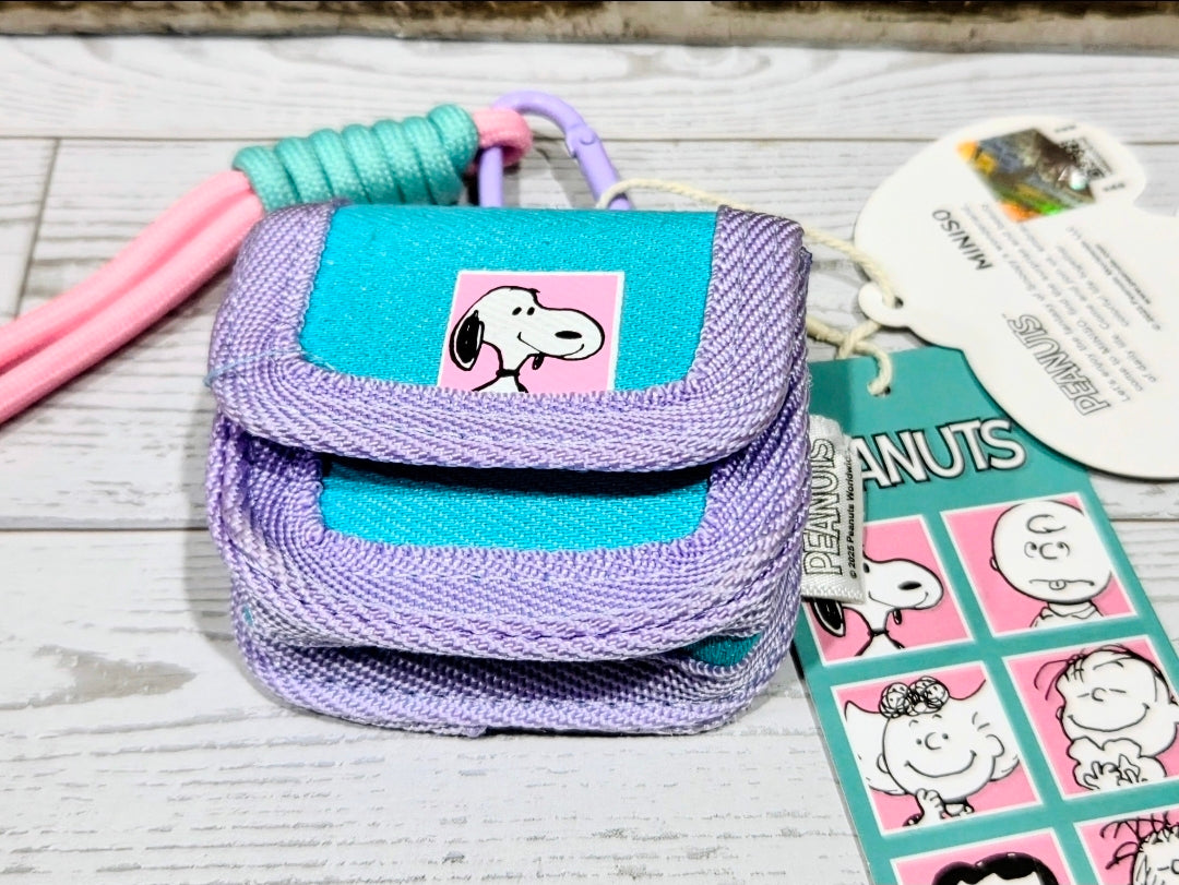 Canvas earbud case with wrist strap, purple and teal, Snoopy face patch on flap