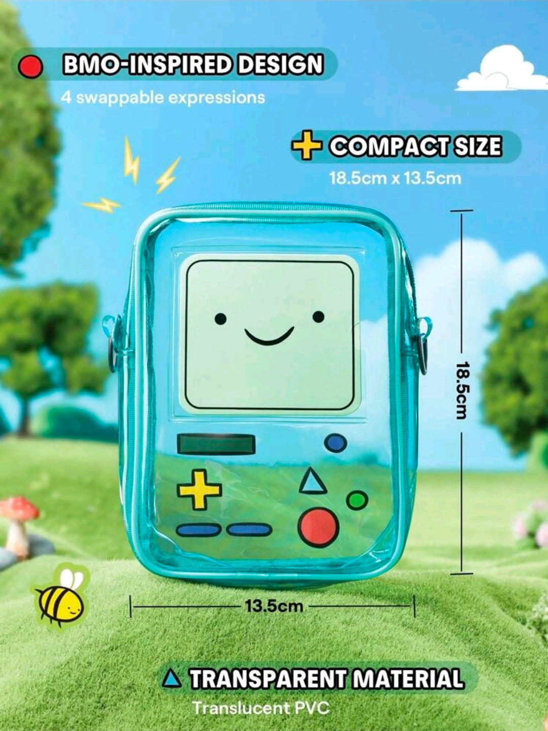 Transparent teal crossbody bag with smile face graphic and side zipper pull.