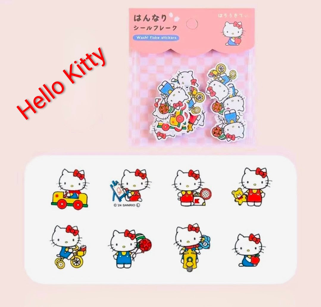 Hello Kitty washi flake sticker pack, sheet with multiple white cat character designs
