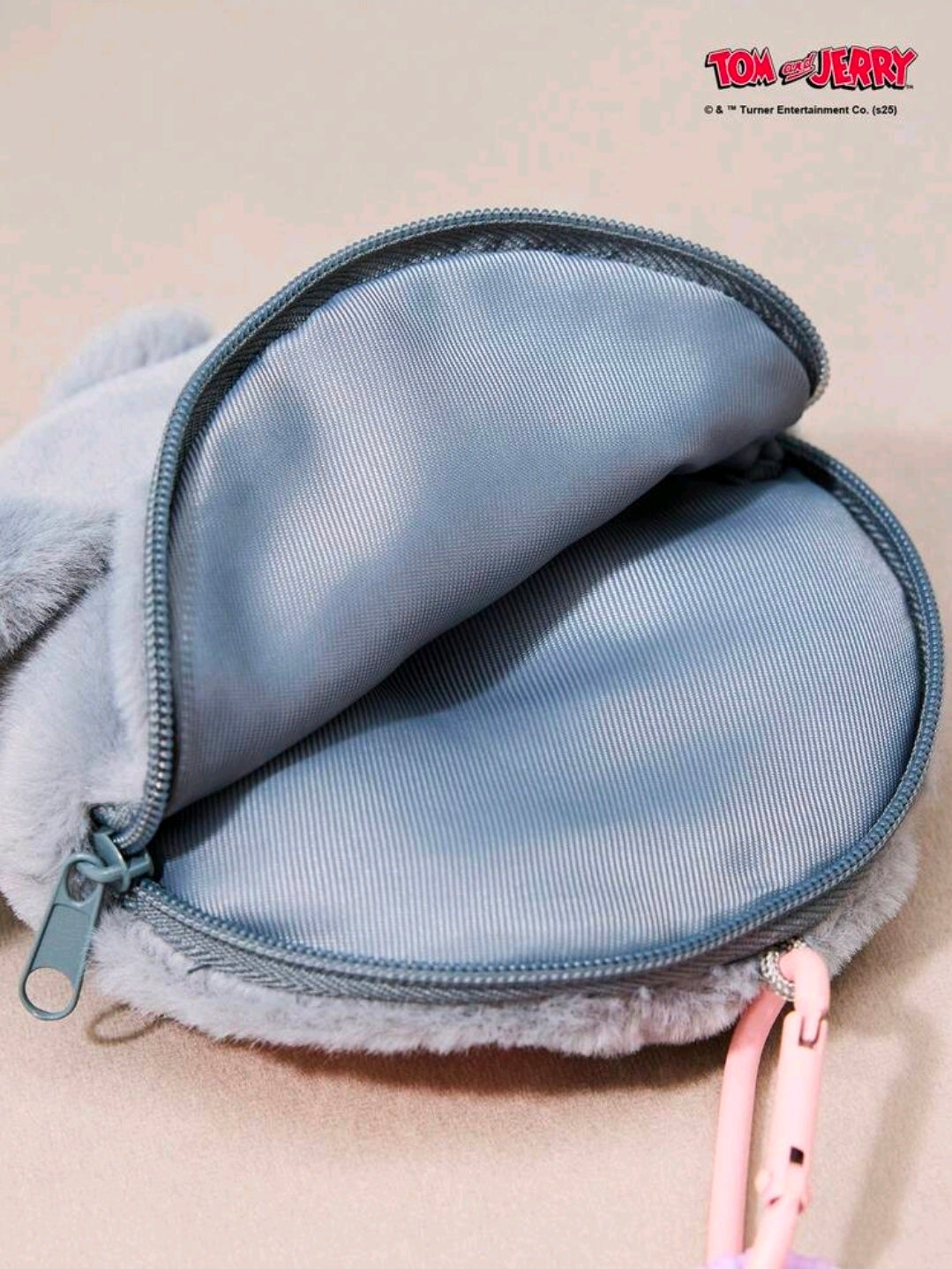 Light blue round plush keychain bag charm pouch with zipper and metal pull