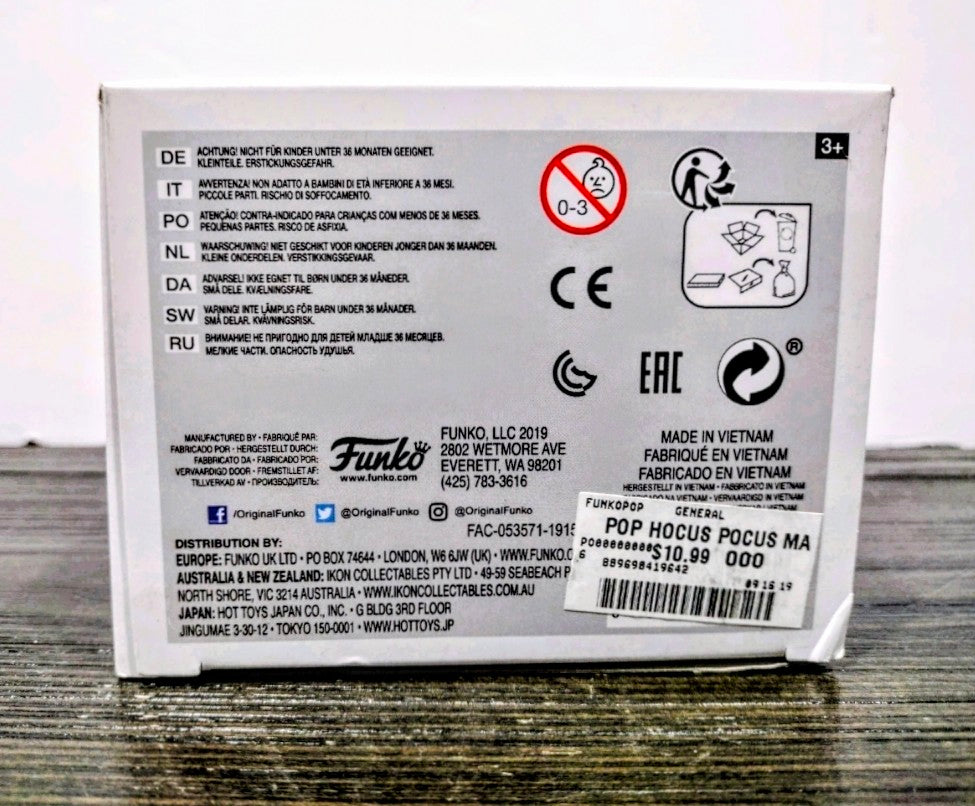 Funko Pop Mary Sanderson #559 box back with product info, icons, and CE marks.