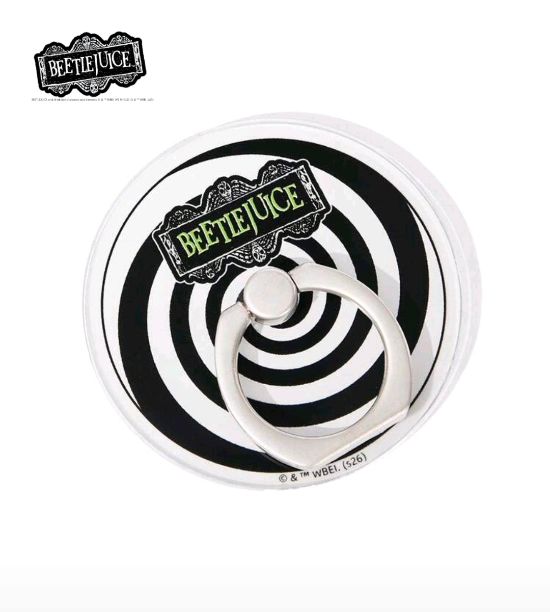 Metal phone ring grip stand with white-and-black spiral graphic and round base
