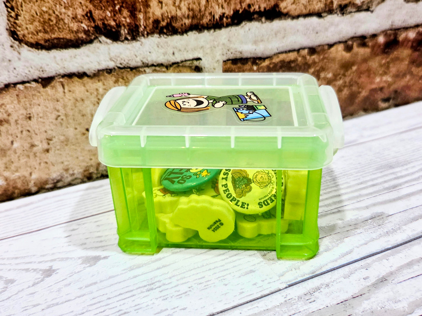 Mini Snoopy Green Desktop Organizer Box w/ 12 Erasers & 2 Pins Peppermint Patty Peanuts NEW 🐾