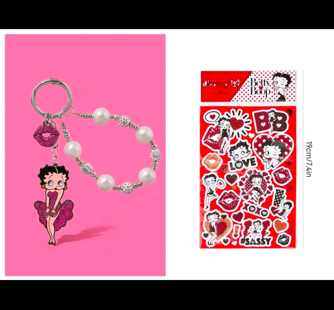 Beaded keychain bag charm with glitter lips charm and matching sticker sheet set