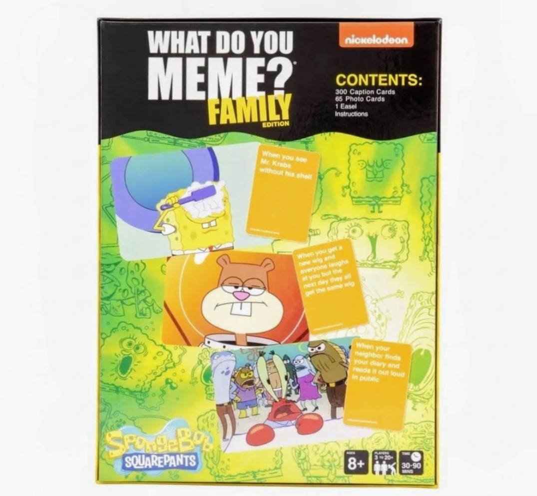 Front of SpongeBob SquarePants card game box showing contents and prompt cards