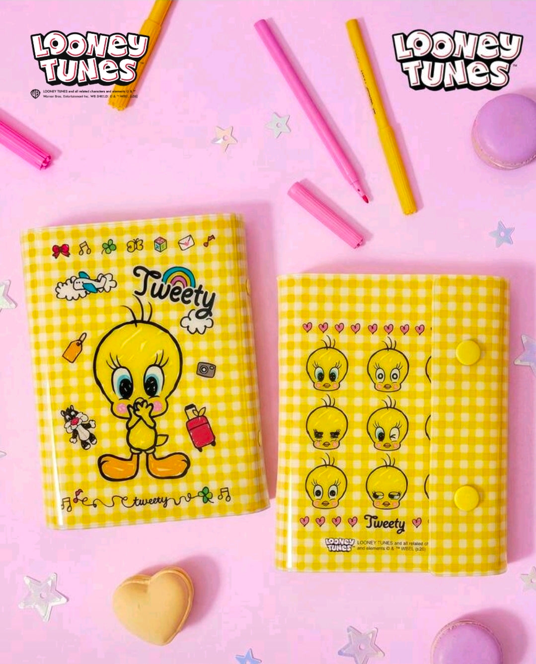 Two yellow check-pattern Tweety sticker binder covers with matching character set