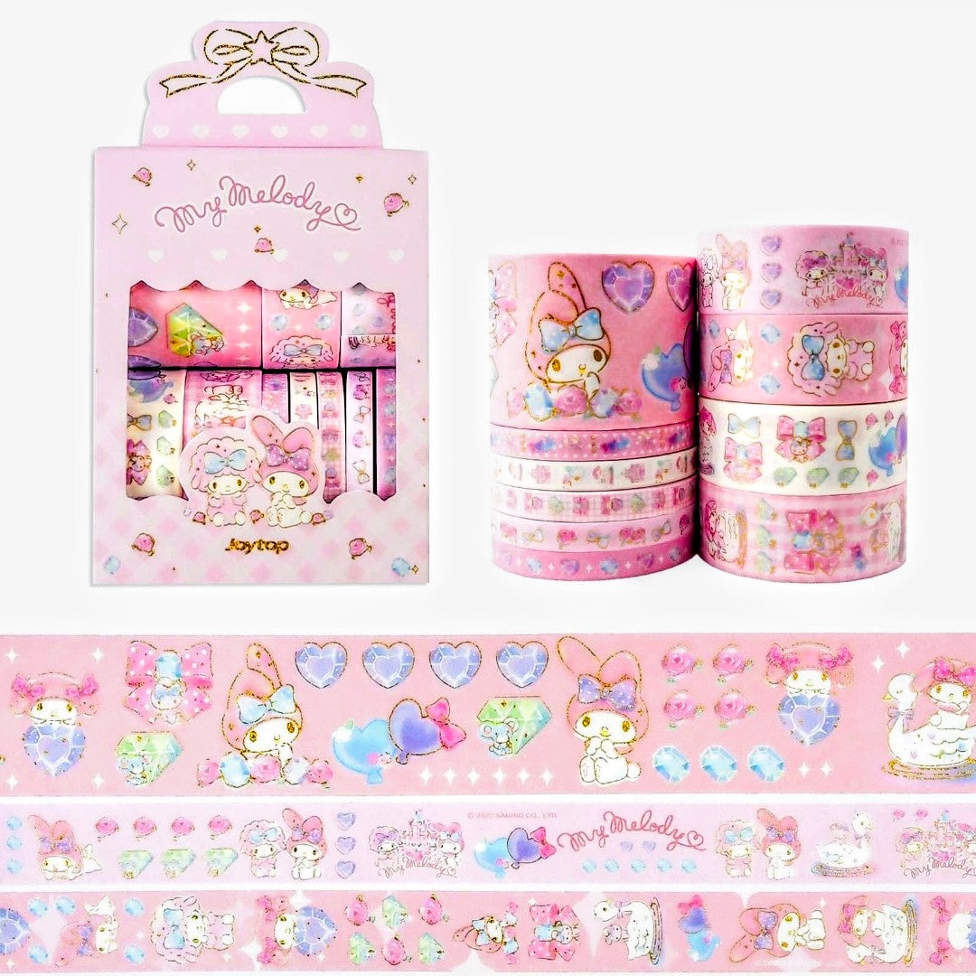 My Melody washi tape set with display box and stacked pastel-pattern rolls